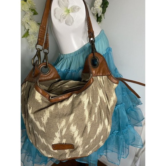 Lucky Brand Grey Canvas Leather Large‎ Duffle Bag Style Ikat Boho Aztec Vintage - Picture 1 of 16